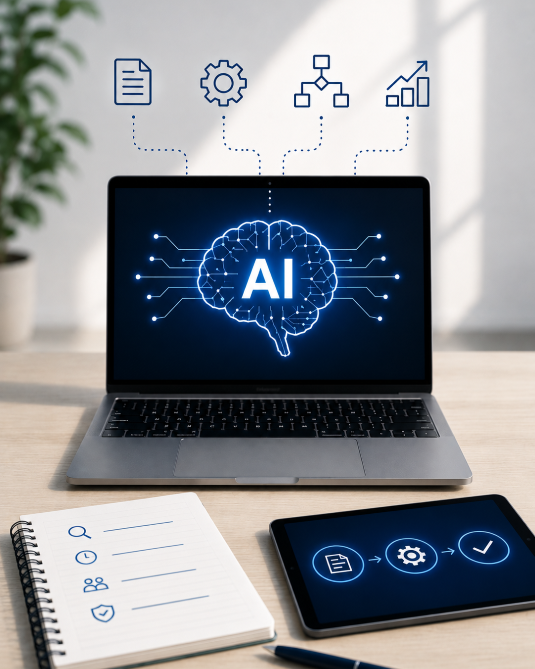A laptop displaying an AI graphic connected to icons representing documents, settings, workflows, and reporting, alongside a tablet showing an automation sequence