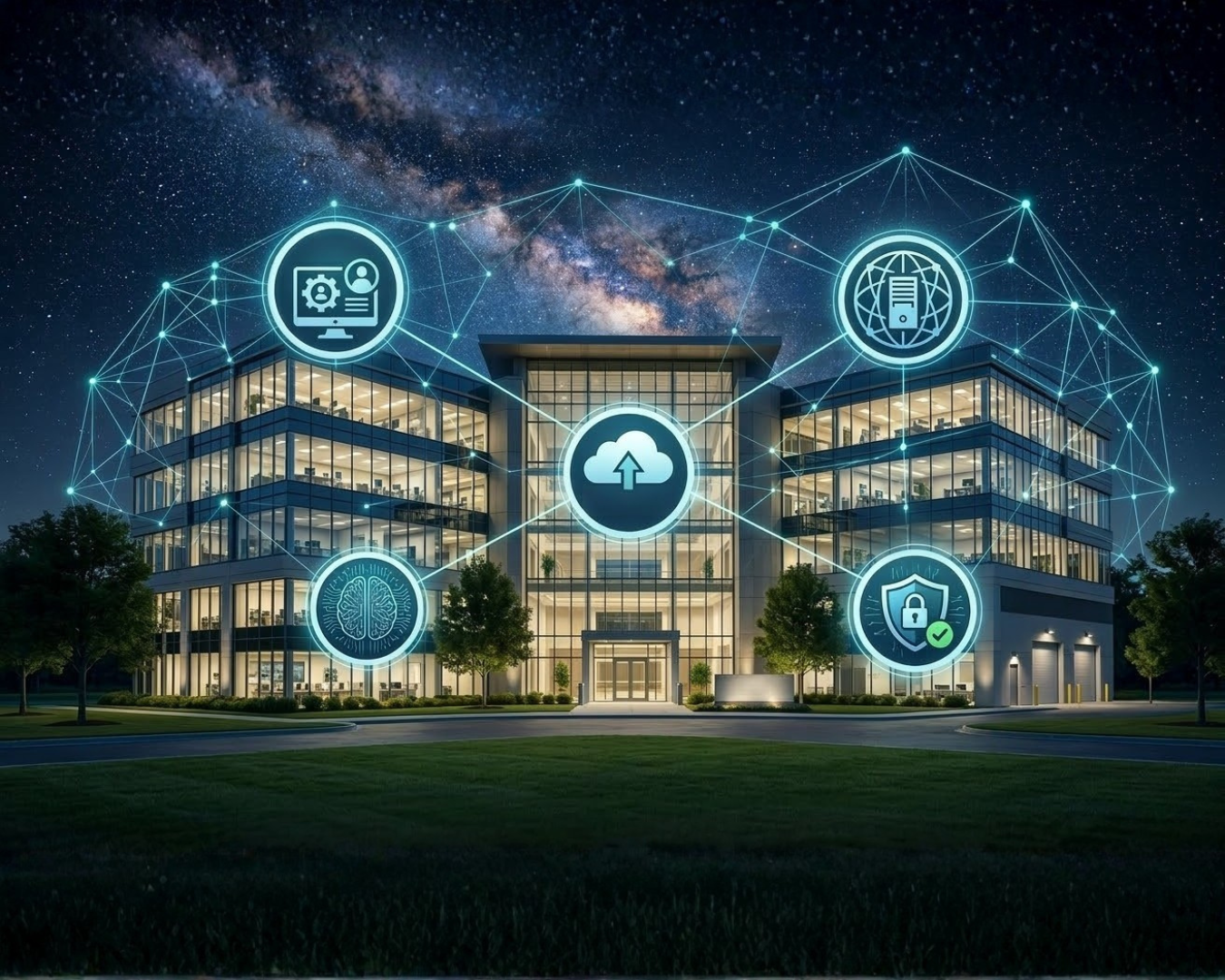A connected office building representing integrated business technology
