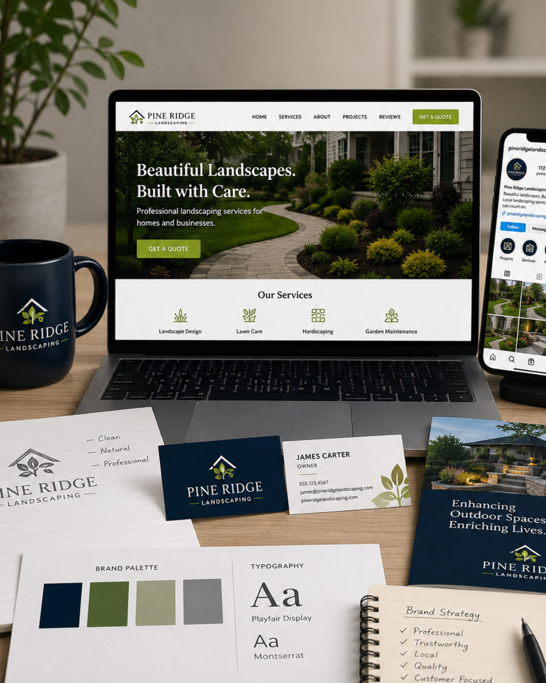 A laptop and phone displaying a landscaping company's website and social media, alongside branded business cards, color palette, and brand style guide