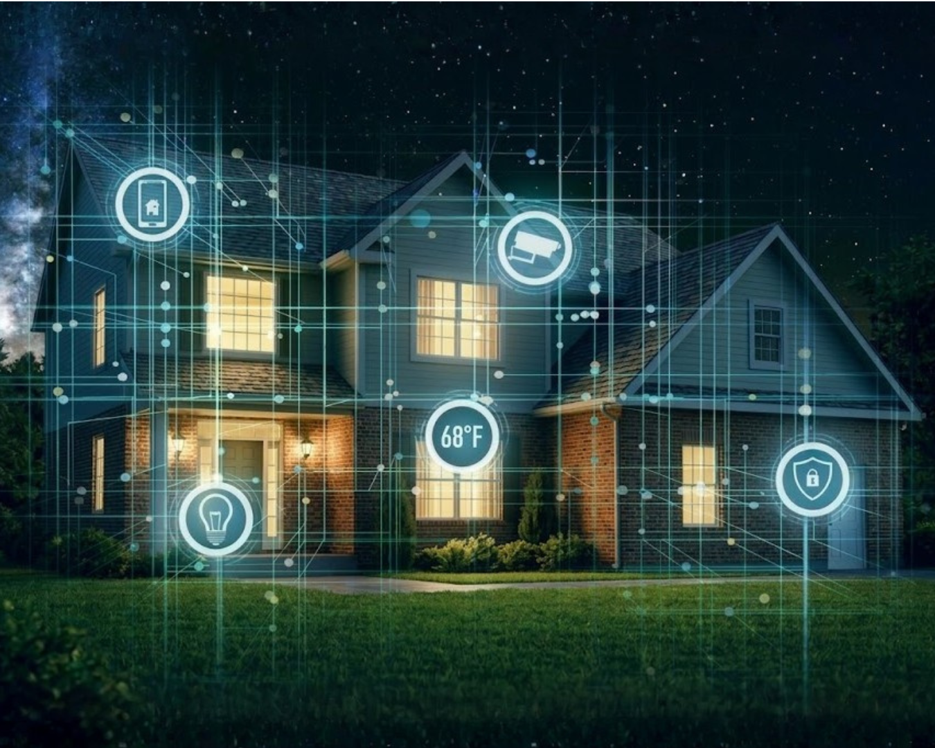 A connected smart home with security, temperature, and lighting controls